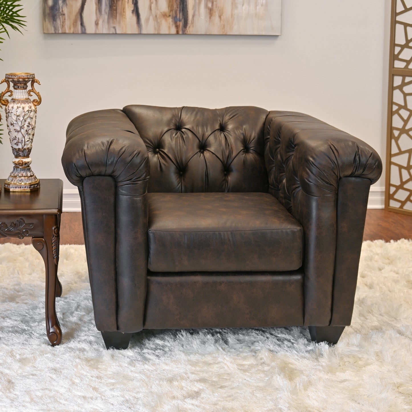 Horton Faux Leather Chesterfield Armchair, Brownie