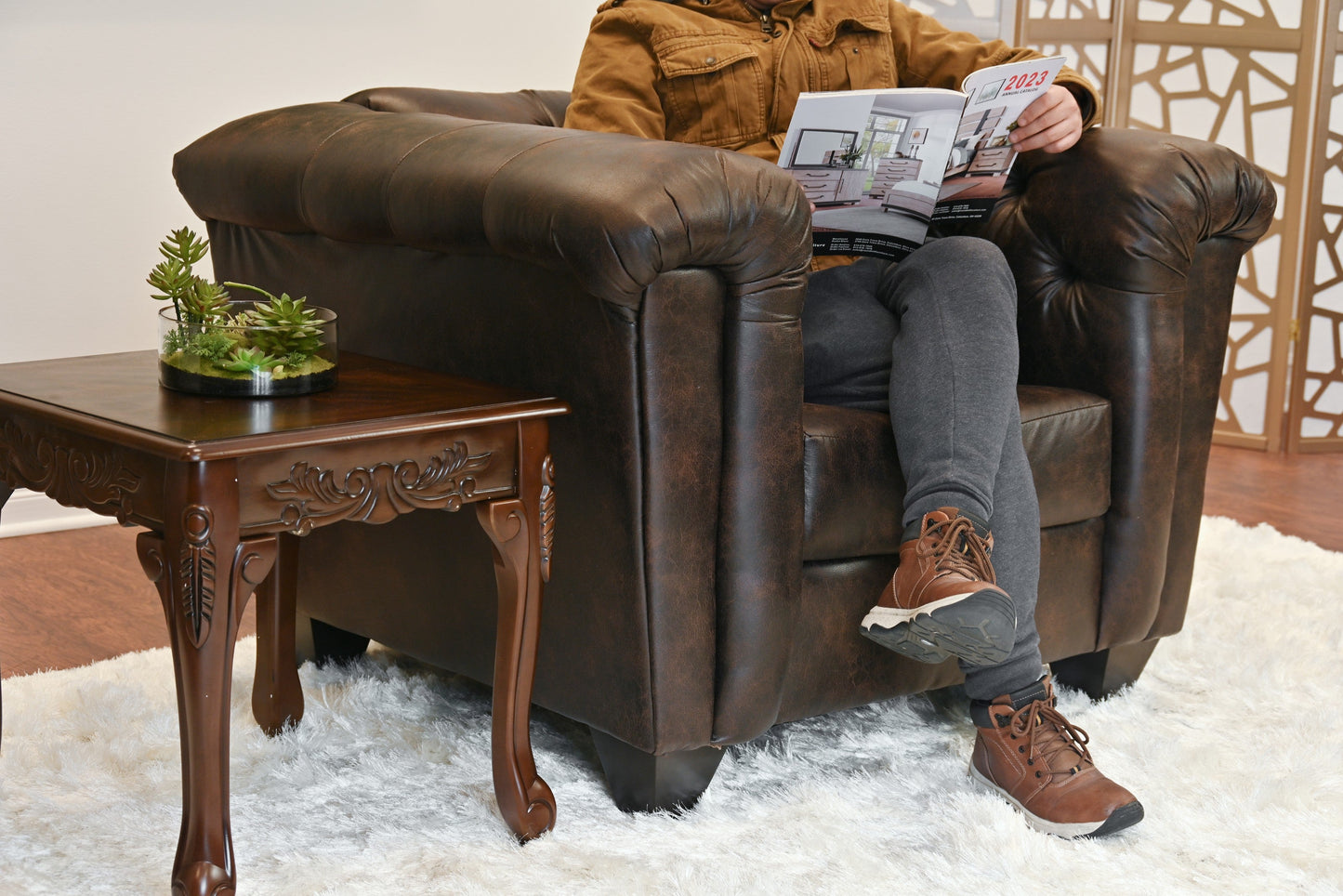 Horton Faux Leather Chesterfield Armchair, Brownie