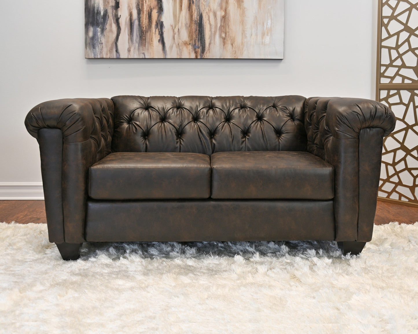 Horton Faux Leather Chesterfield Loveseat, Brownie