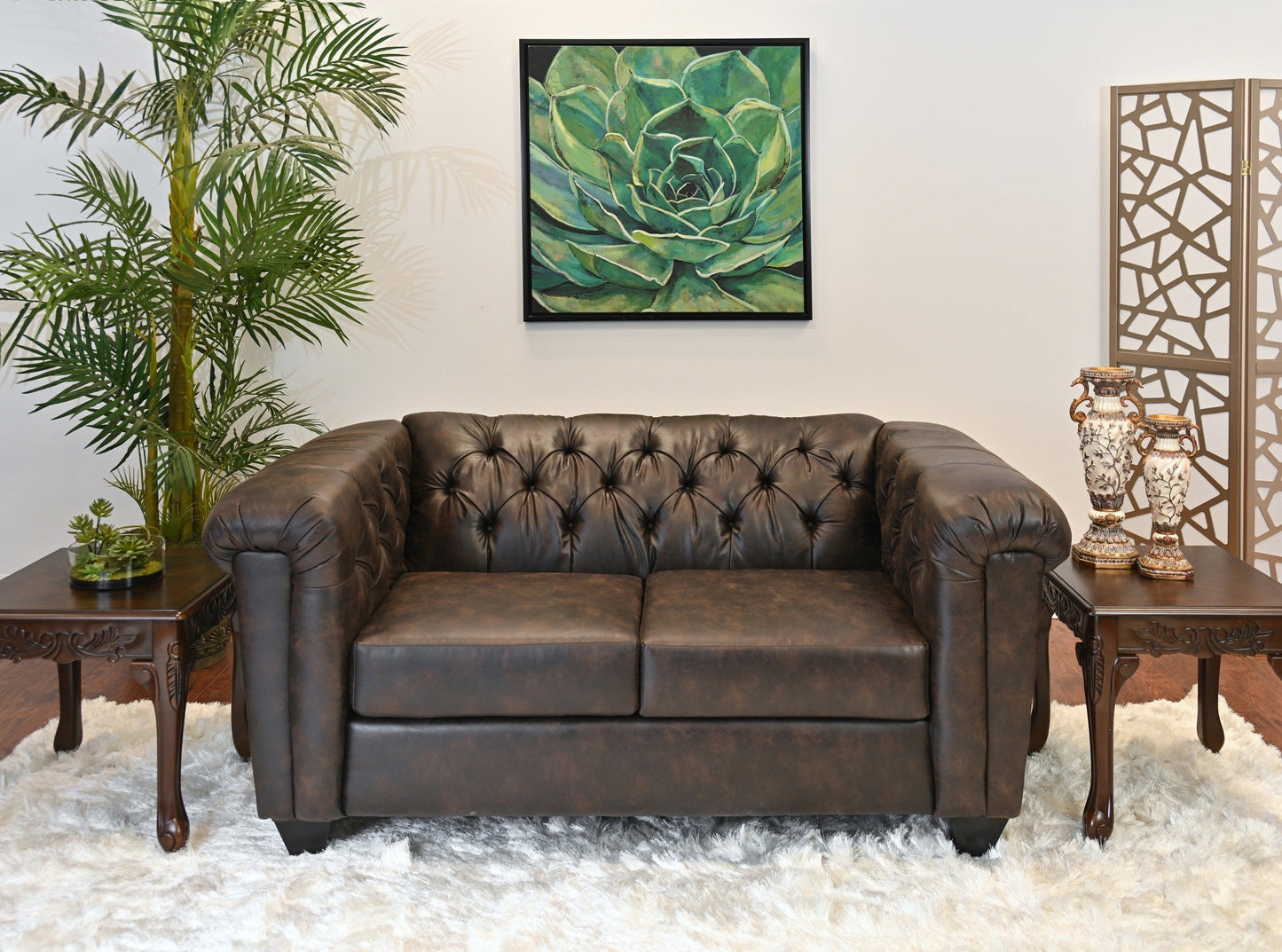 Horton Faux Leather Chesterfield Loveseat, Brownie