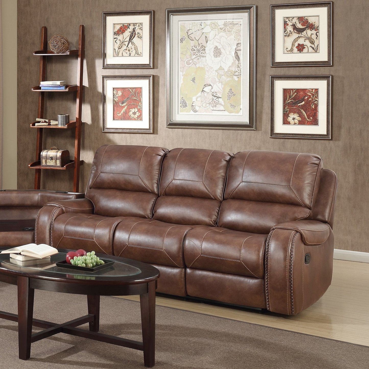 Achern Brown Leather Nailhead Air Reclining Sofa with Storage Console and USB Port