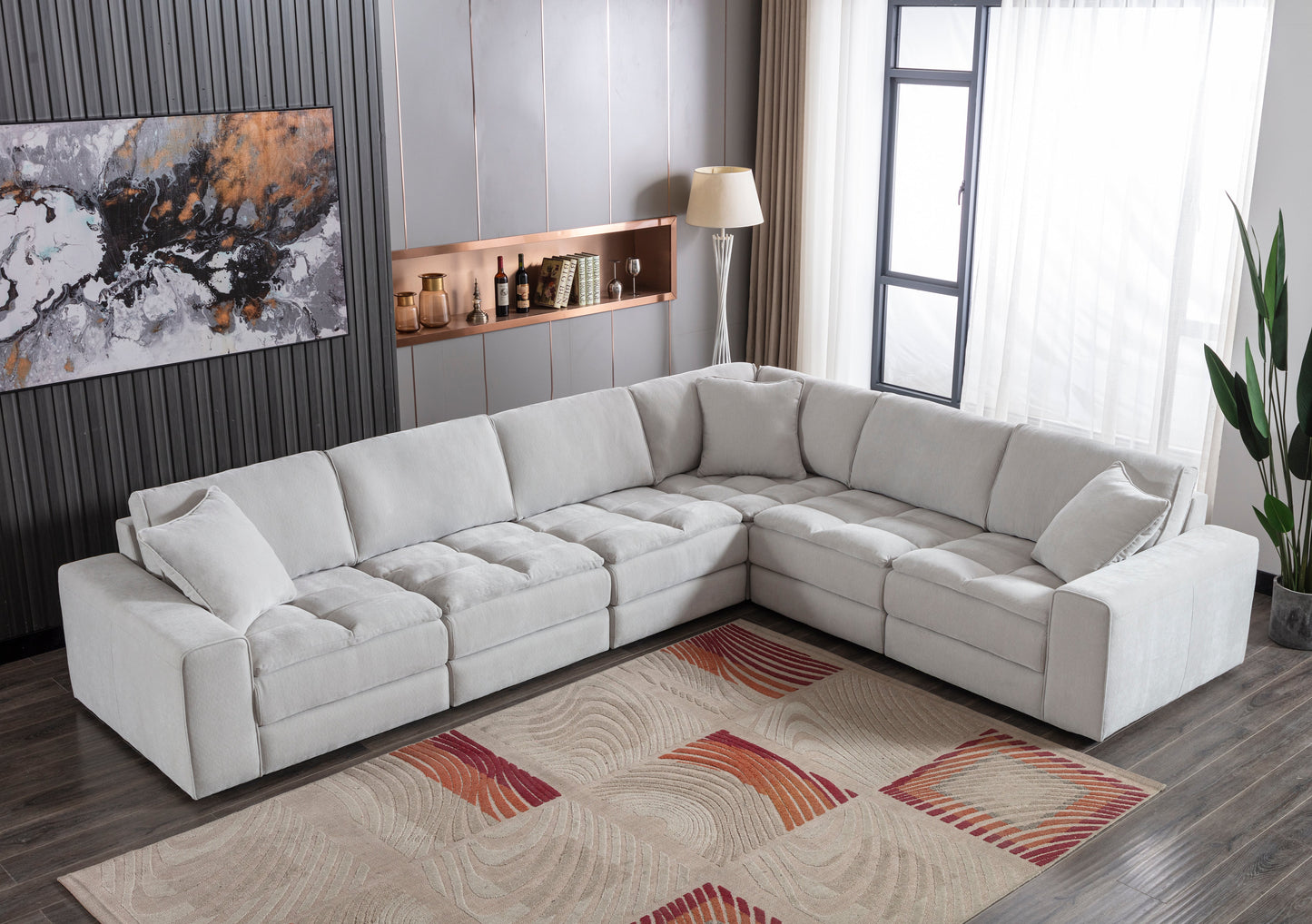 Breton Contemporary Fabric Tufted 6 Piece Modular Sectional Sofa, Oyster