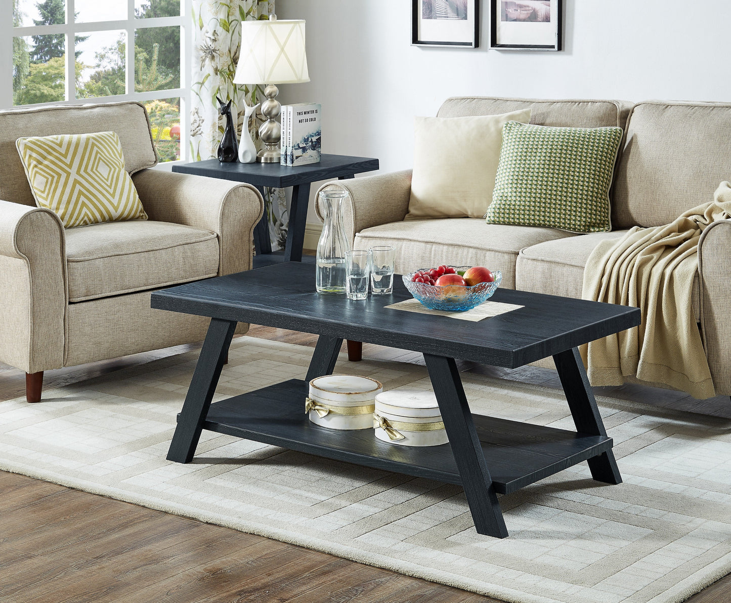 Athens Contemporary Replicated Wood Shelf Coffee Table in Black Finish