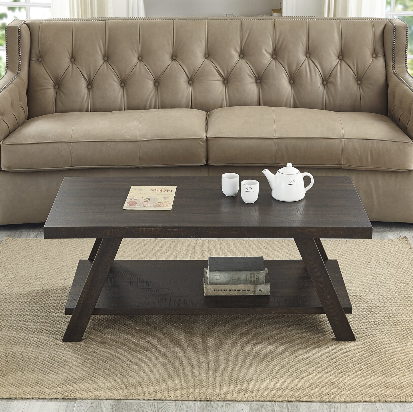 Athens Contemporary Wood Shelf Coffee Table in Weathered Espresso
