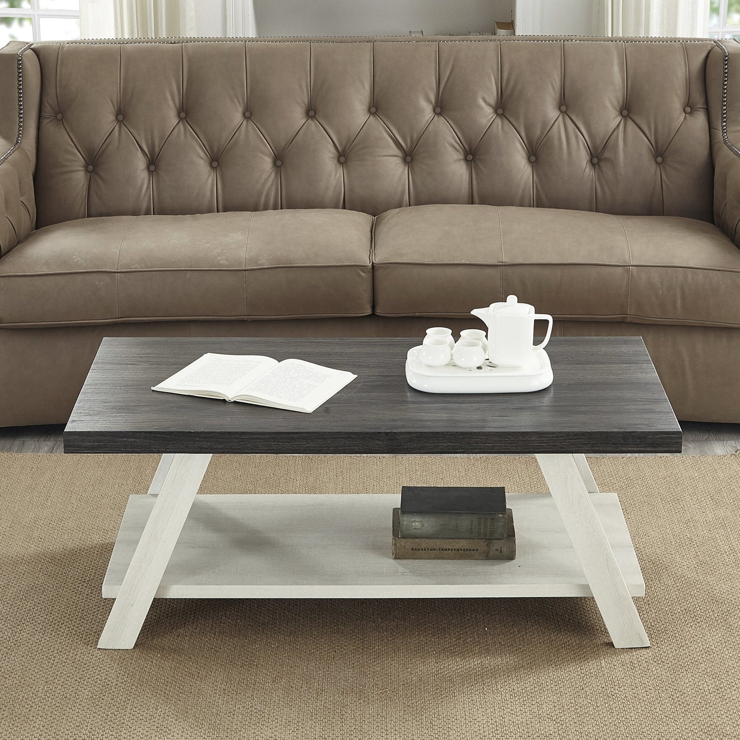 Athens Contemporary Two-Tone Wood Shelf Coffee Table in Weathered Charcoal and Beige