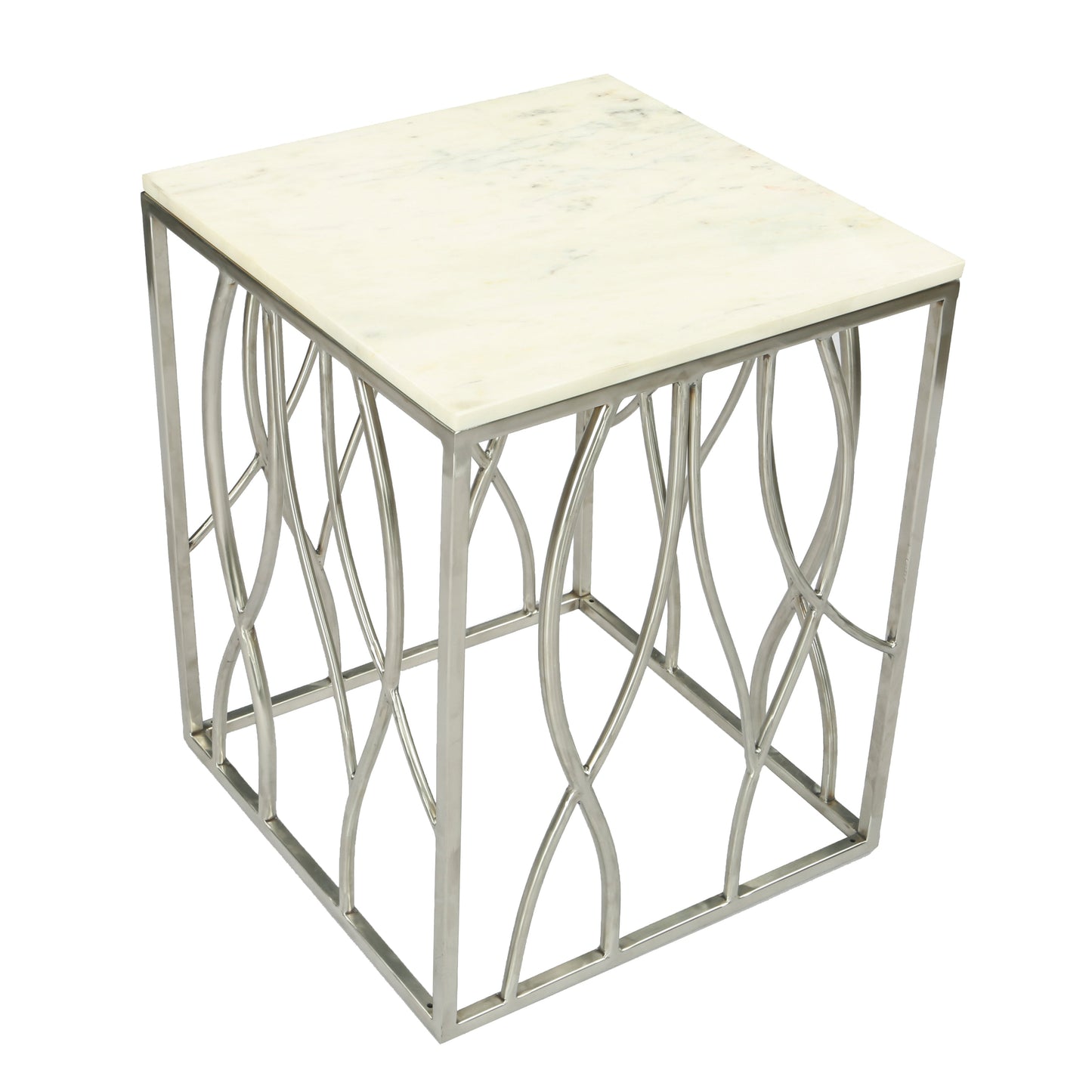 Roundhill Furniture Kameral Square Marble End Table with Stainless Steel Base