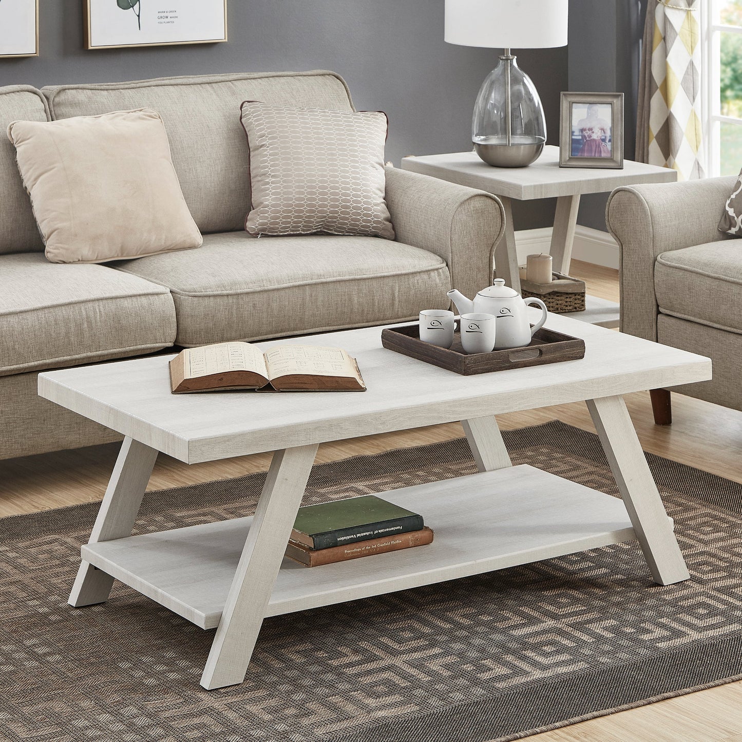 Athens Contemporary Wood Shelf Coffee Table Set in White Finish