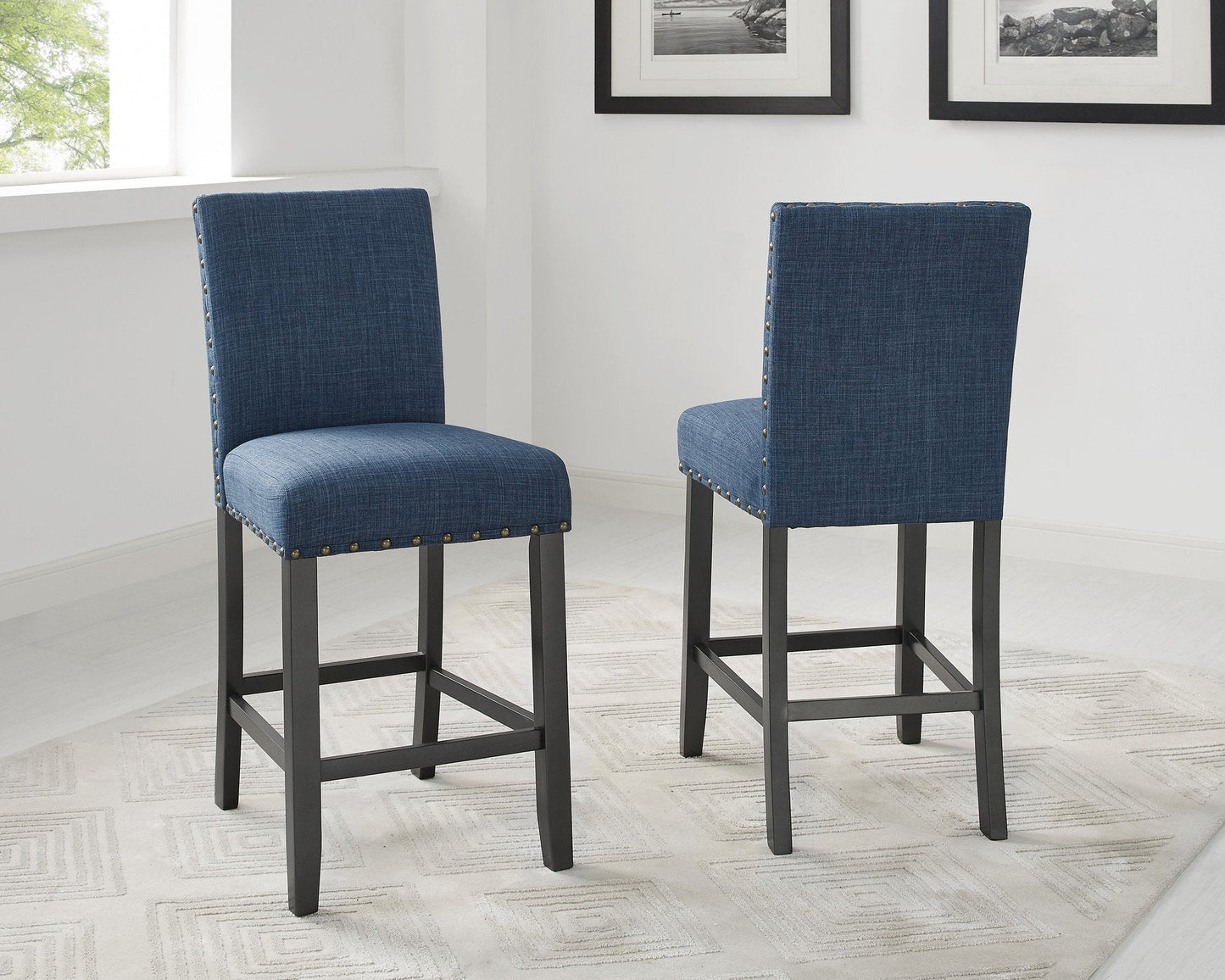 Biony Espresso Wood Counter Height Dining Set with Blue Fabric Nailhead Stools