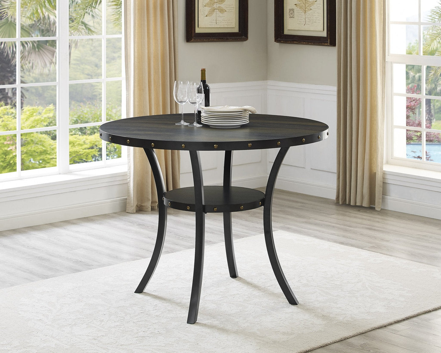 Biony Espresso Wood Counter Height Dining Set with Grey Fabric Nailhead Stools