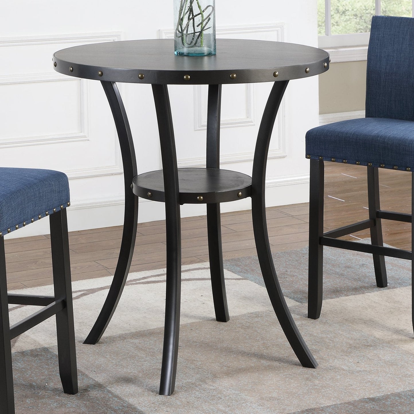 Biony 3-Piece 36" Round Espresso Finish Bar Table with 2 Blue Fabric Nail Head Pub Chairs