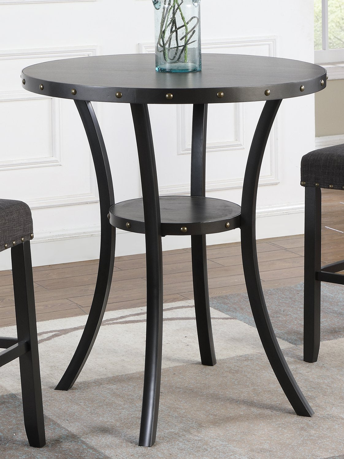 Biony 3-Piece 36" Round Espresso Finish Bar Table with 2 Gray Fabric Nail Head Pub Chairs