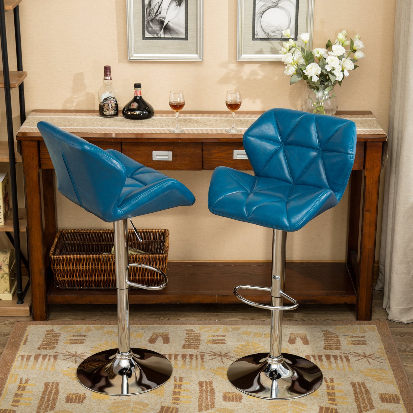 Glasgow Contemporary Tufted Adjustable Height Hydraulic Blue Bar Stools, Set of 2