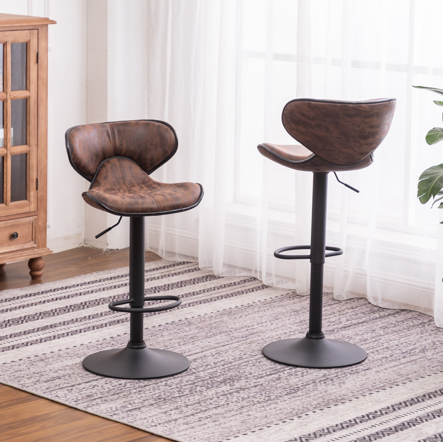Masaccio Weathered Upholstery Airlift Adjustable Swivel Barstool with Chrome Base, Set of 2, Brown