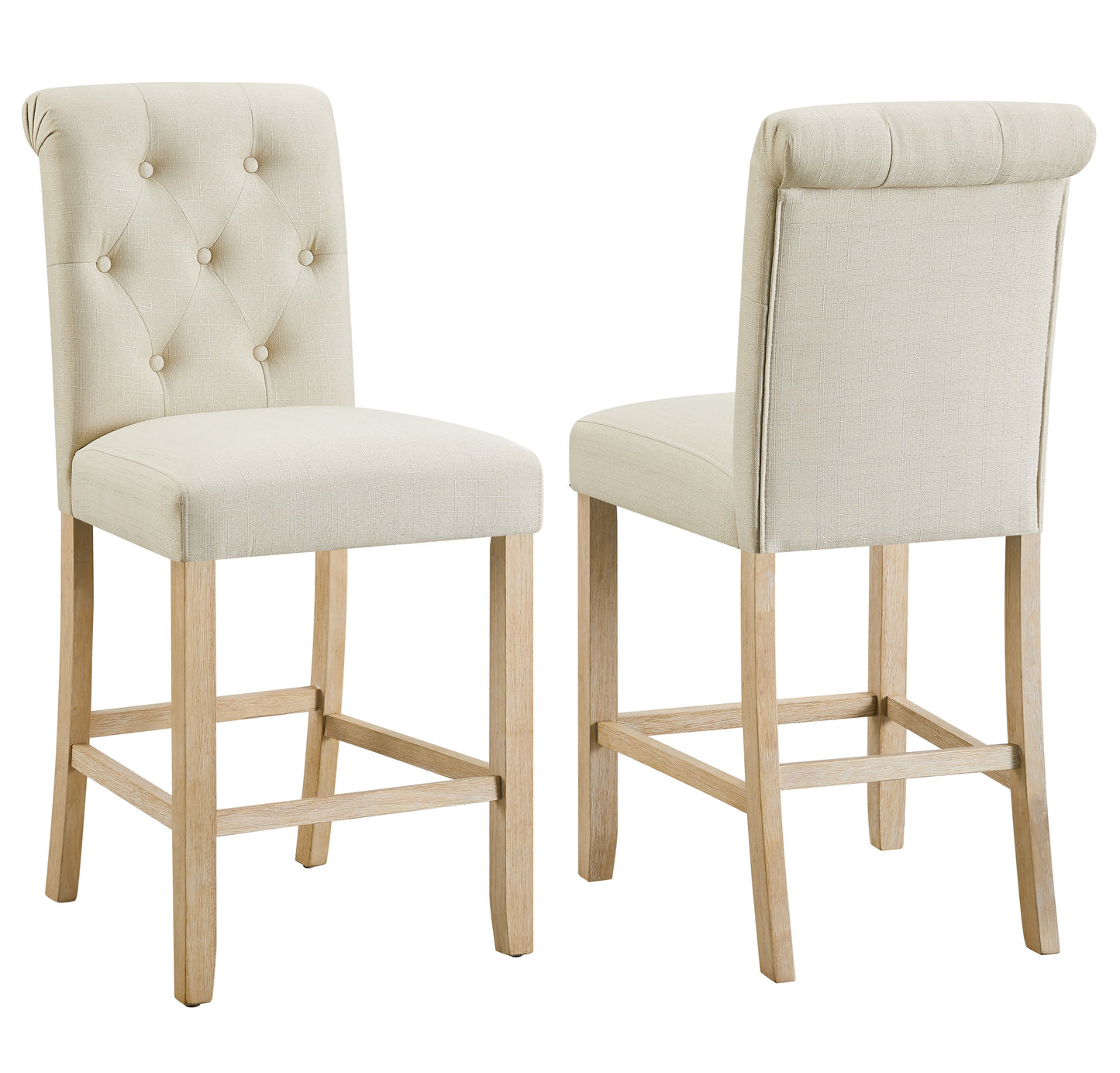 Siena Counter Height Button Tufted Back Solid Wood Stools, Set of 2, Tan