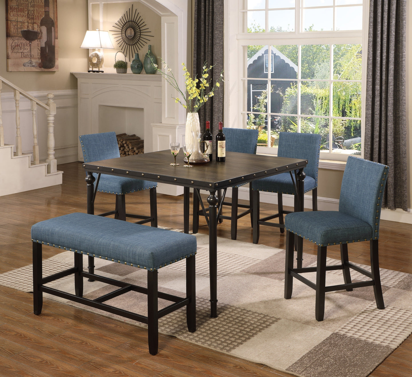 Biony Counter Height 6-Piece Espresso Wood Dining Set with Blue Fabric Nailhead Chairs and Pub Bench