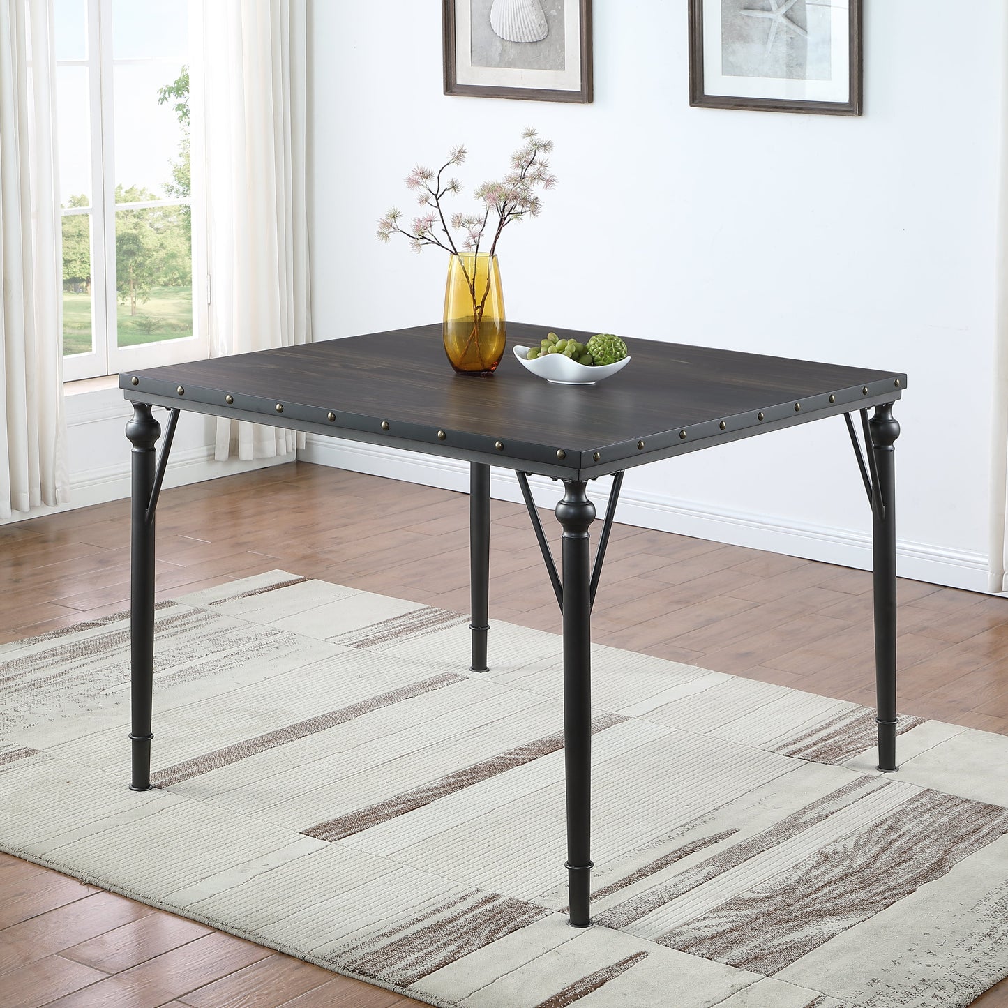 Biony Nailhead Counter Height Espresso Wood Dining Table with Metal Frame