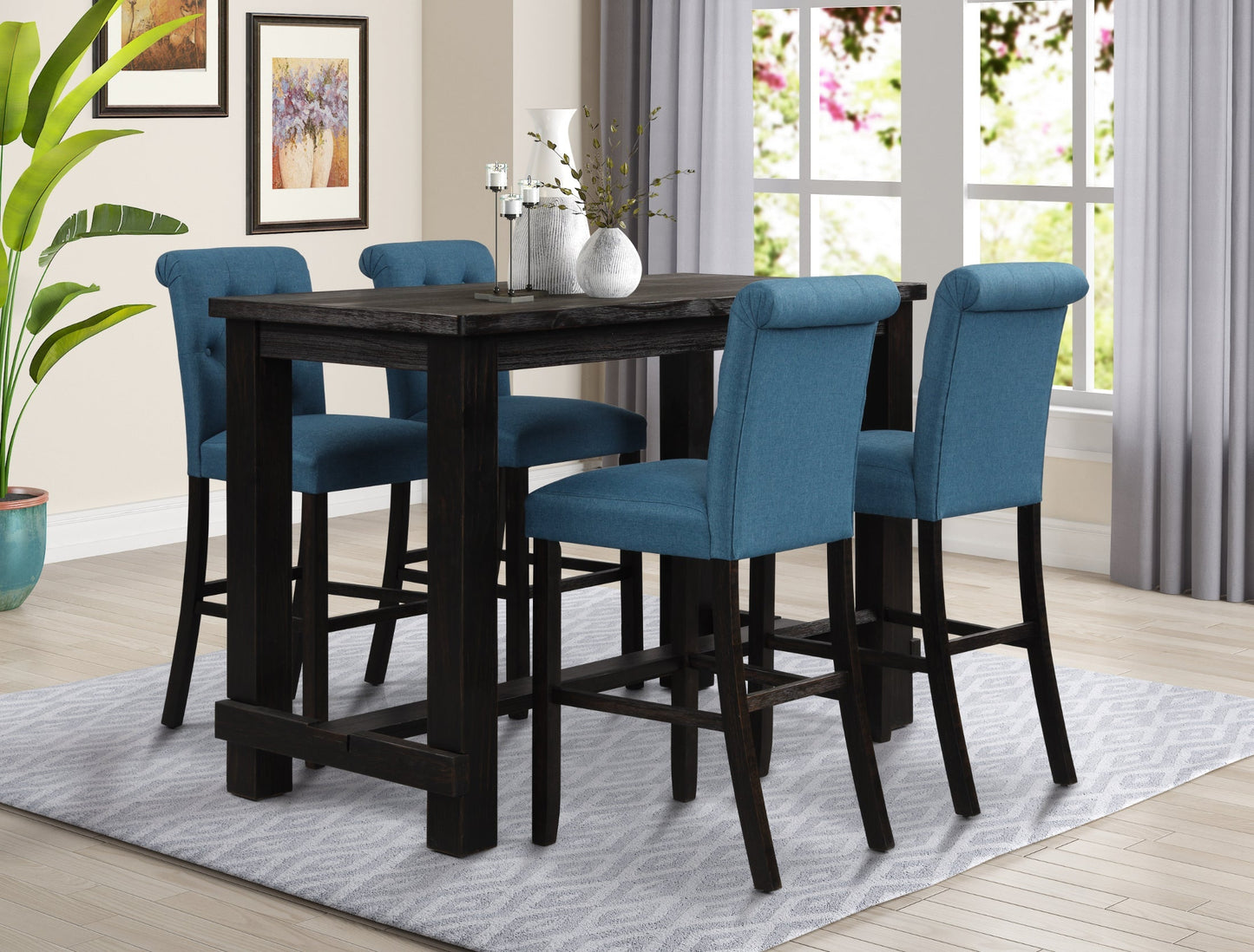 Leviton Antique Black Finished Wood 5-Piece Pub Set, Table with 4 Upholstered Barstools, Blue