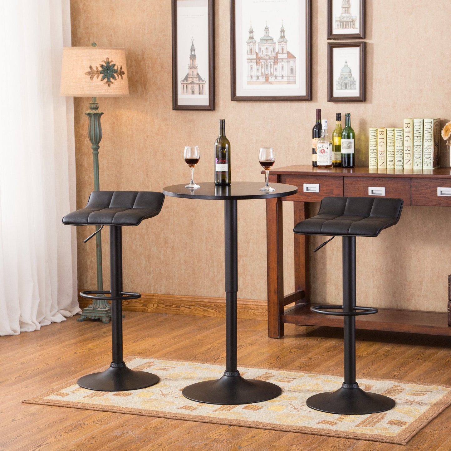 Belham Black Round Top Adjustable Height Bar Table and 2 Swivel Black Bonded Leather Adjustable Bar Stool Bar Sets
