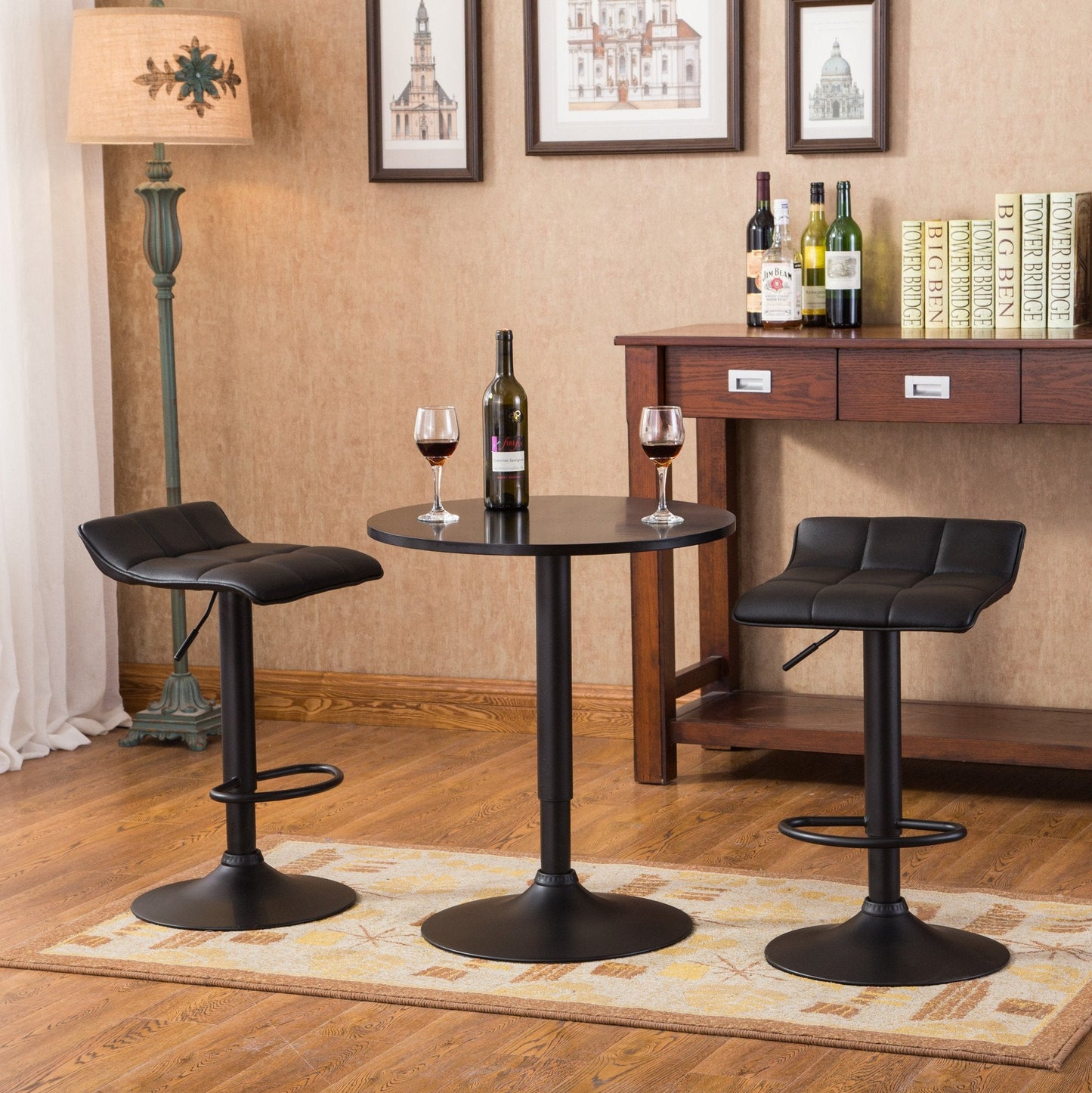 Belham Black Round Top Adjustable Height Bar Table and 2 Swivel Black Bonded Leather Adjustable Bar Stool Bar Sets