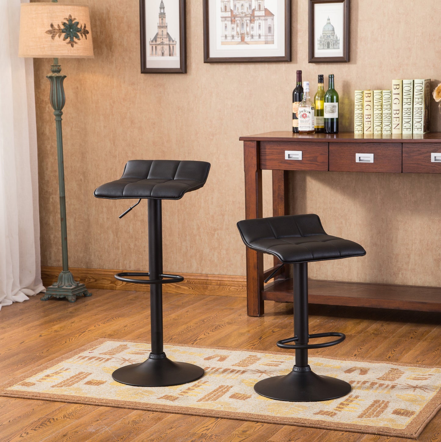 Belham Black Square Top Adjustable Height with Black Leg And Base Metal Bar Table and 2 Swivel Black Bonded Leather Adjustable Bar Stool Bar Sets