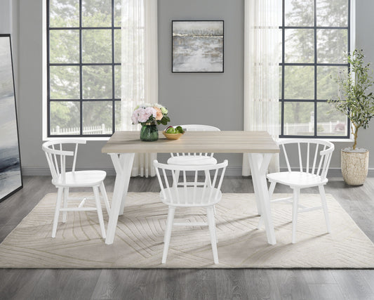 Roundhill Furniture Alwynn White and Natural Wood 5-piece Dining Set, Dining Table with 4 Windsor Chairs