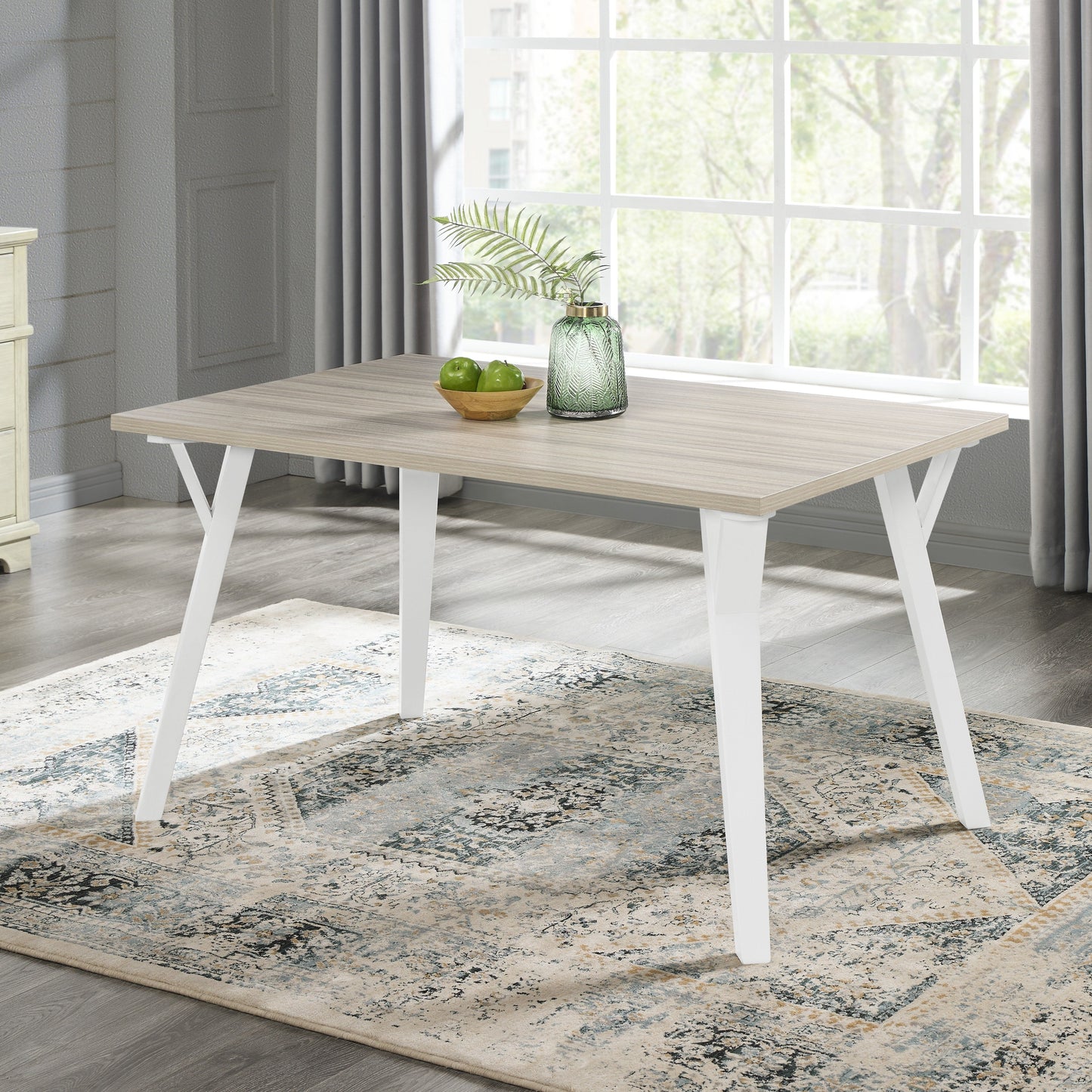 Alwynn Contemporary Rectangular Dining Table, White and Natural Wood