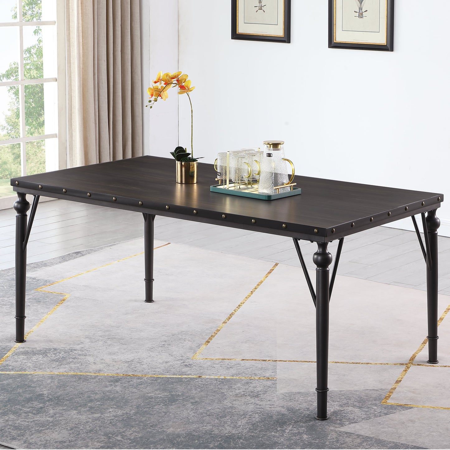 Biony Nailhead Espresso Wood Dining Table with Metal Frame