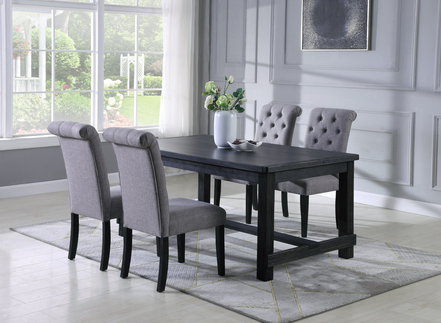 Leviton Antique Black Finished Wood Dining Set, Table with Four Chair, Gray