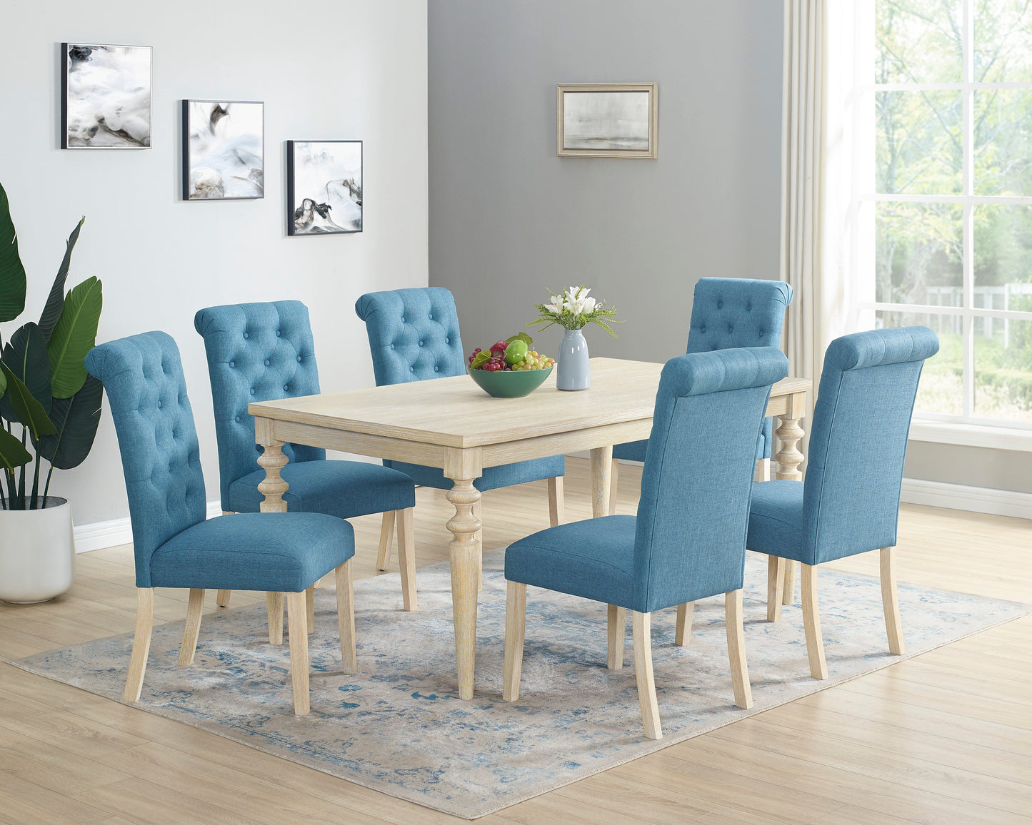 Roundhill Furniture Amonia 7-piece Dining Set, Turned-Leg Dining Table with 6 Tufted Chairs, Blue