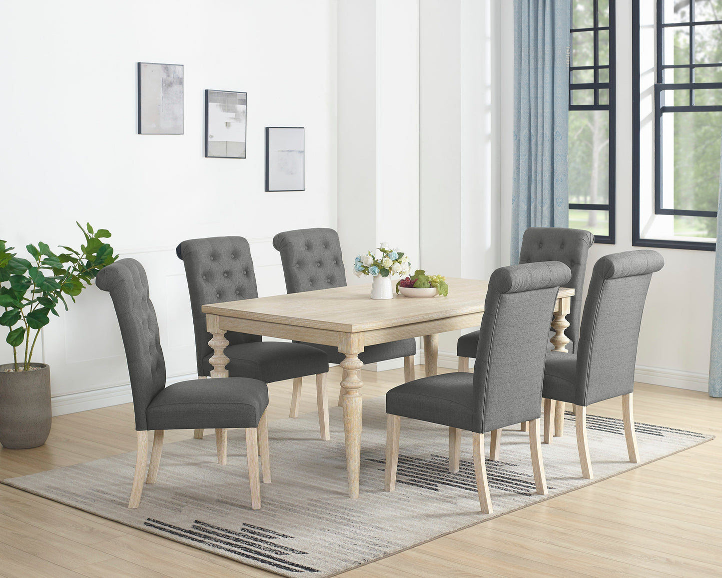 Roundhill Furniture Amonia 7-piece Dining Set, Turned-Leg Dining Table with 6 Tufted Chairs, Blue