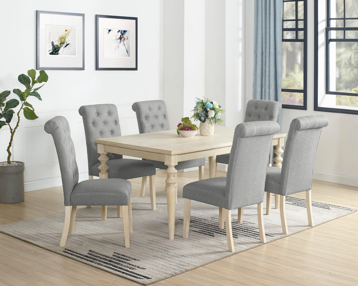 Amonia 7-piece Dining Set, Turned-Leg Dining Table with 6 Tufted Chairs