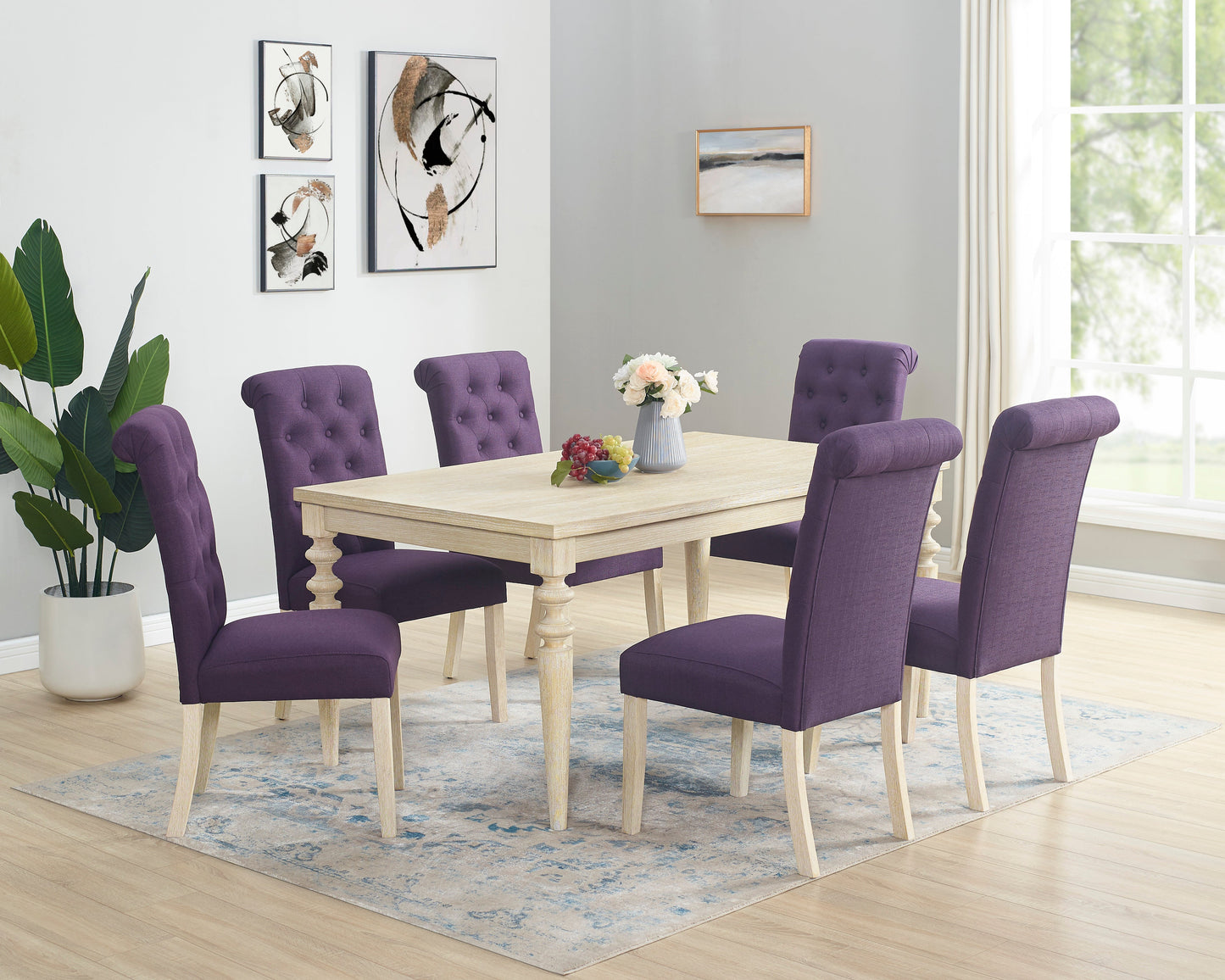 Roundhill Furniture Amonia 7-piece Dining Set, Turned-Leg Dining Table with 6 Tufted Chairs, Blue