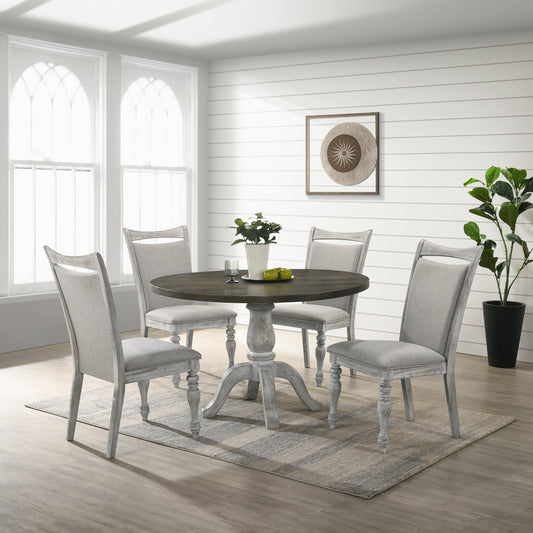 Roundhill Furniture Iris Dining Set, Round Pedestal Table with 4 Chairs, Weathered White and Gray, 5-Piece