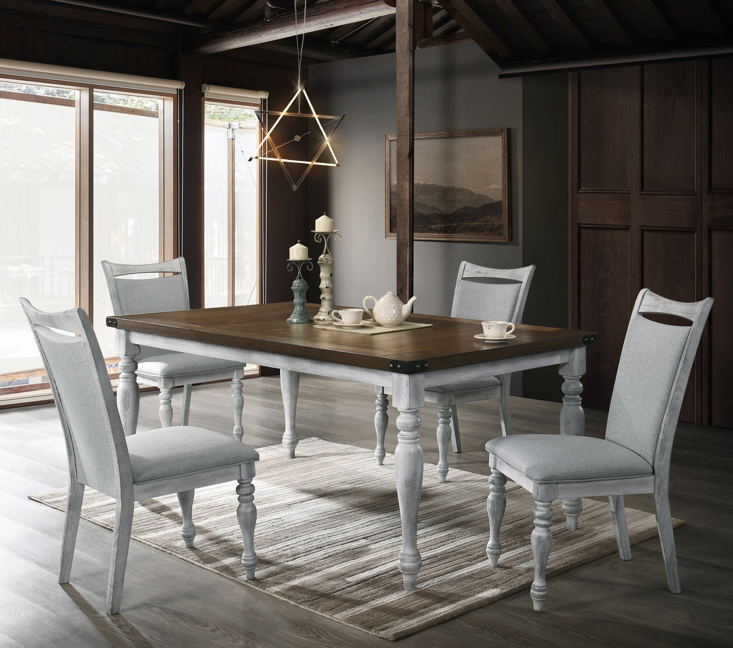 Salines 5 Piece Dining Table Set with 4 Upholstered Chairs, Rustic White and Oak