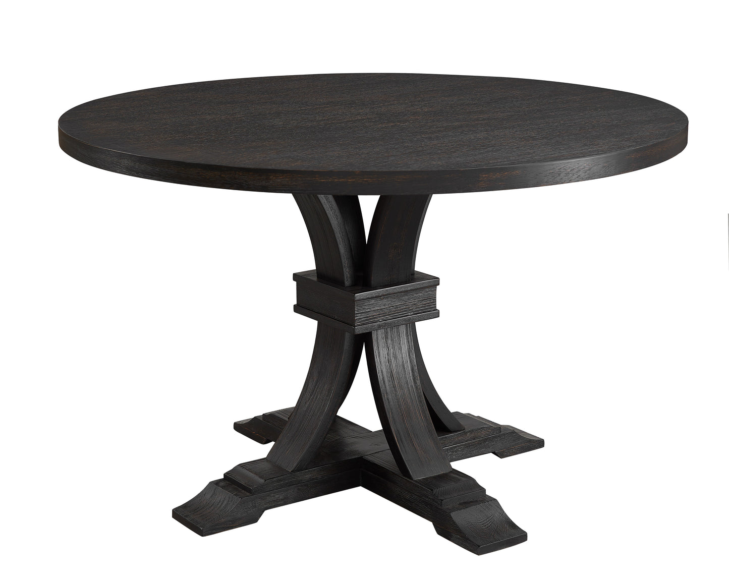 Siena Distressed Black Finish 5-Piece Dining set, Pedestal Round Table with Gray Upholstered Chairs