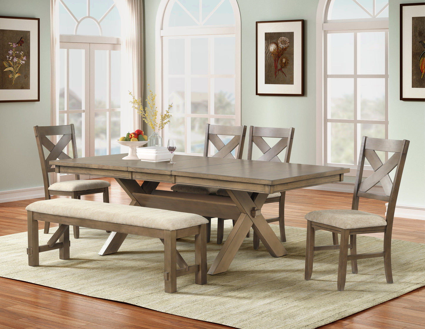 Raven Wood 6-Piece Dining Set, Extendable Trestle Dining Table with 4 Chairs and Bench, Glazed Pine Brown
