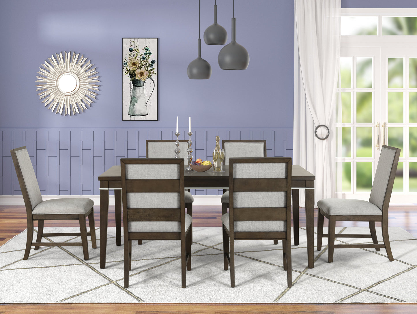 Roundhill Furniture Aberll Wood Dining Room Set, Table with 6 Side Chairs, Gray