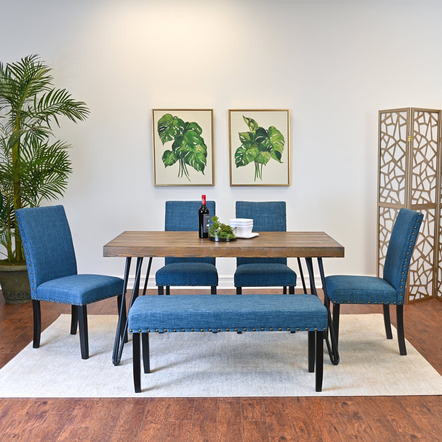 Roundhill Furniture Amisos Dining Set, Hairpin Dining Table with 4 Chairs and Upholstery Bench, Blue, 6-Piece