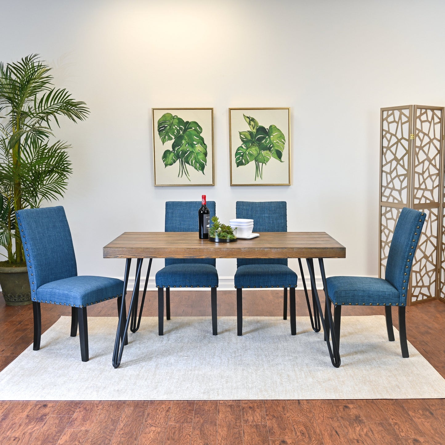 Roundhill Furniture Amisos Dining Set, Hairpin Dining Table with 4 Chairs and Upholstery Bench, Blue, 6-Piece