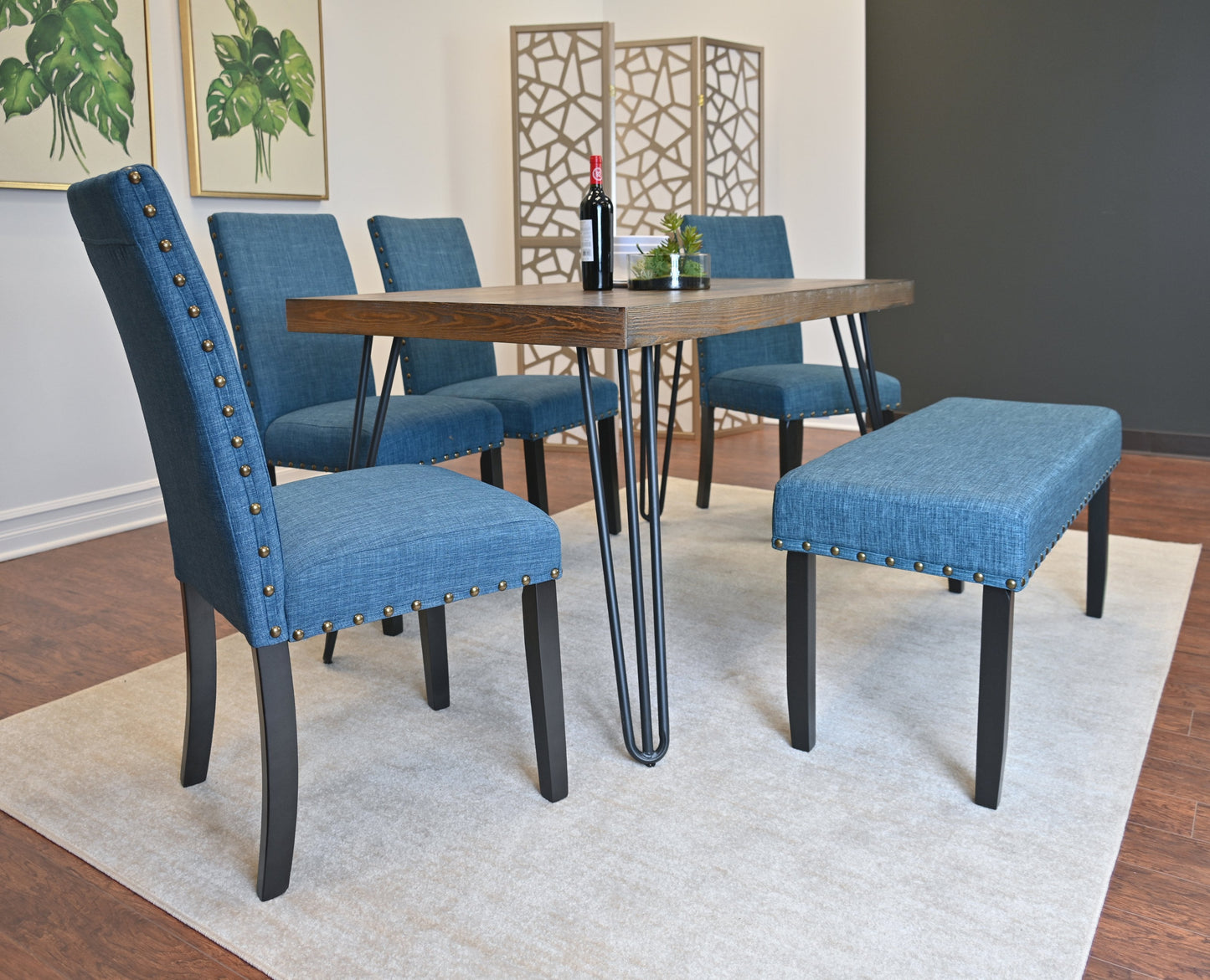 Roundhill Furniture Amisos Dining Set, Hairpin Dining Table with 4 Chairs and Upholstery Bench, Blue, 6-Piece