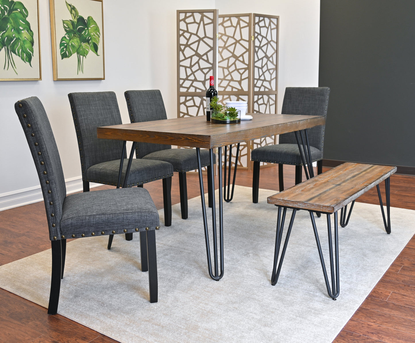 Amisos 6-Piece Dining Set, Hairpin Dining Table with 4 Chairs and a Wood Bench, 3 Color Options