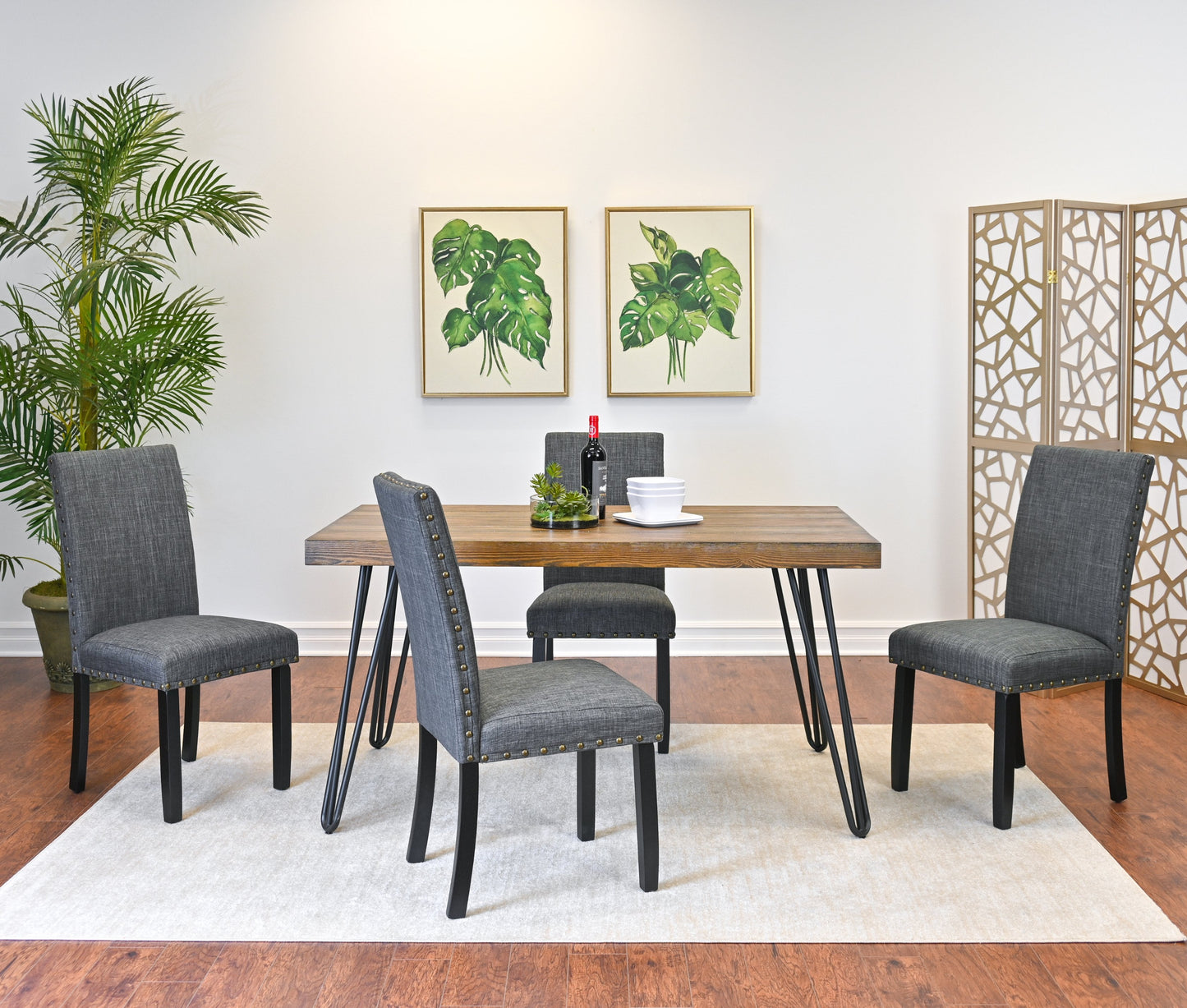 Roundhill Furniture Amisos Dining Set, Hairpin Dining Table with 4 Chairs, 5-Piece