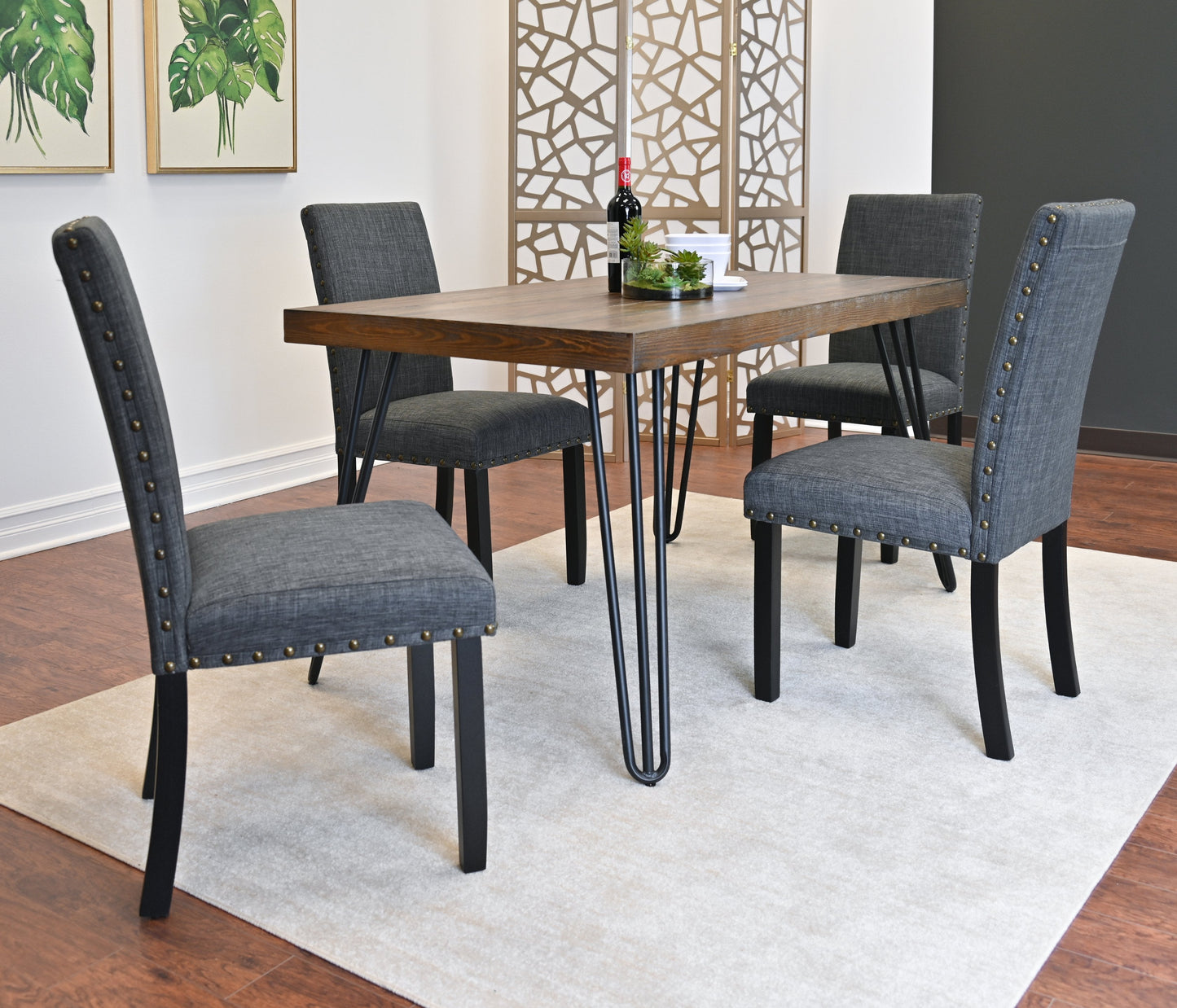 Roundhill Furniture Amisos Dining Set, Hairpin Dining Table with 4 Chairs, 5-Piece