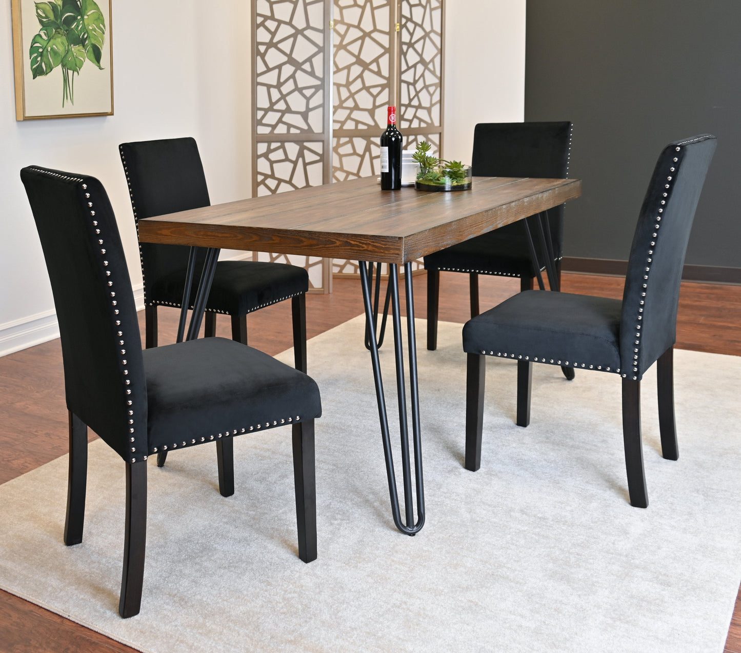 Roundhill Furniture Ashzo Dining Set, Hairpin Dining Table with 4 Chairs, Blue, 5-Piece