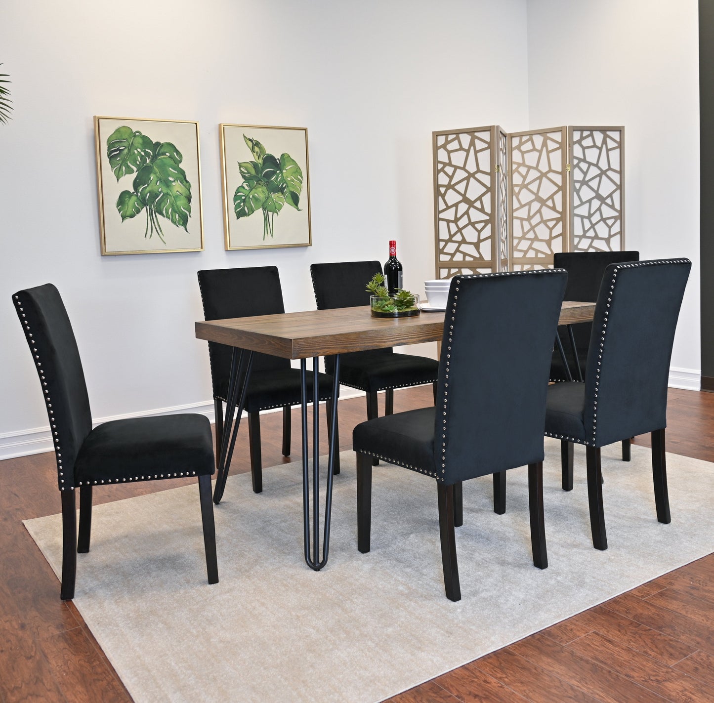 Roundhill Furniture Ashzo Dining Set, Hairpin Dining Table with 6 Chairs, 7-Piece