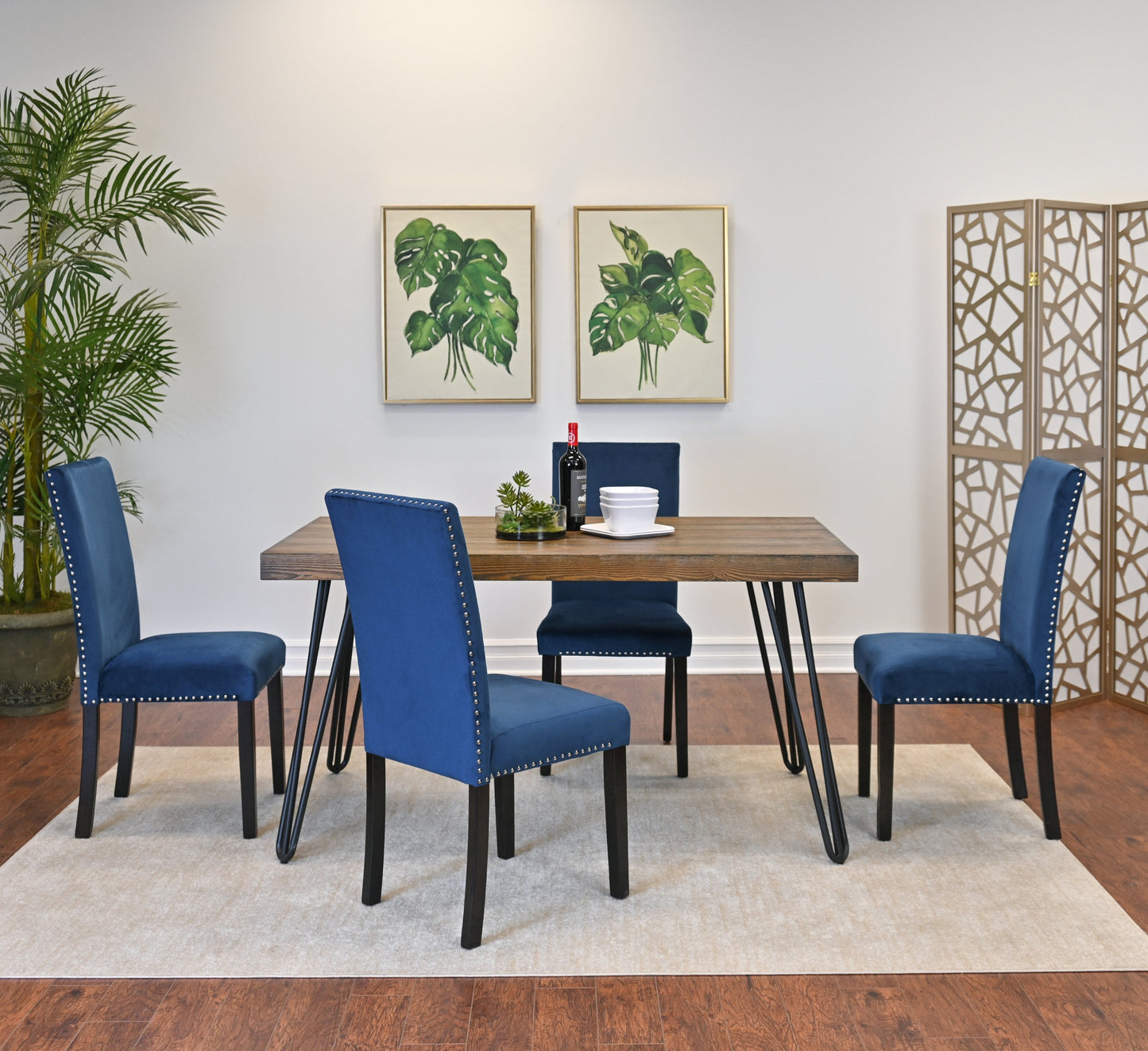 Roundhill Furniture Ashzo Dining Set, Hairpin Dining Table with 4 Chairs, Blue, 5-Piece