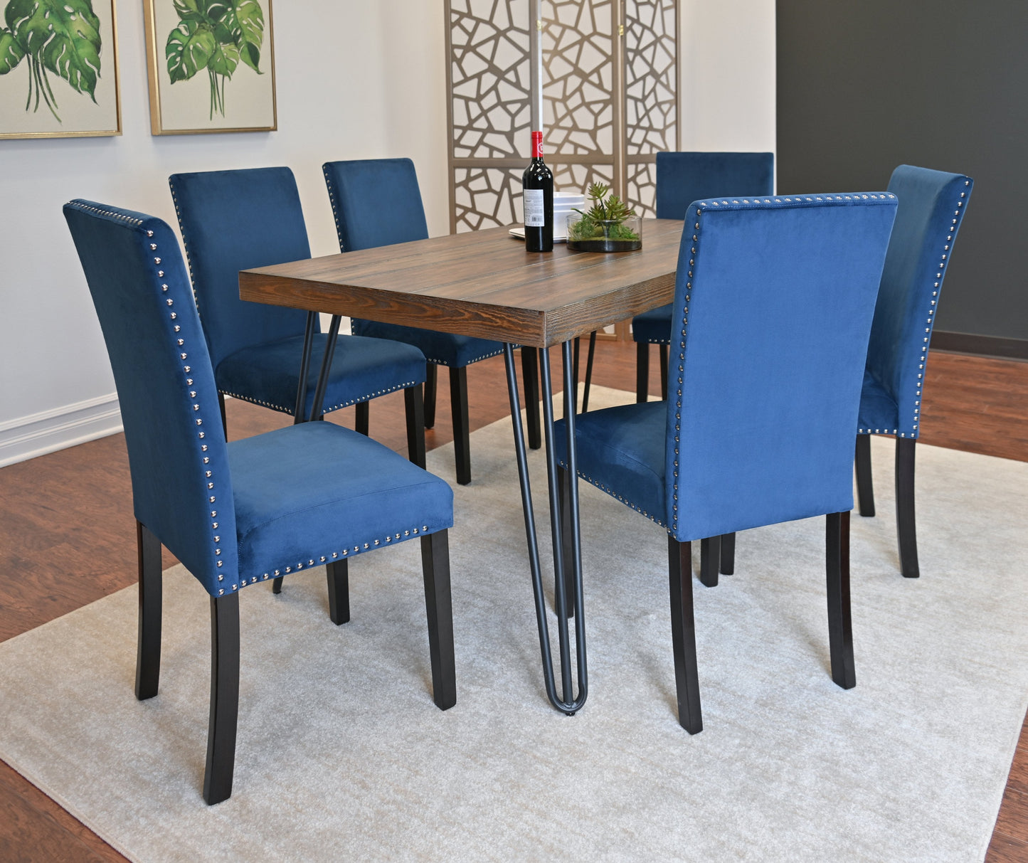 Roundhill Furniture Ashzo Dining Set, Hairpin Dining Table with 6 Chairs, 7-Piece