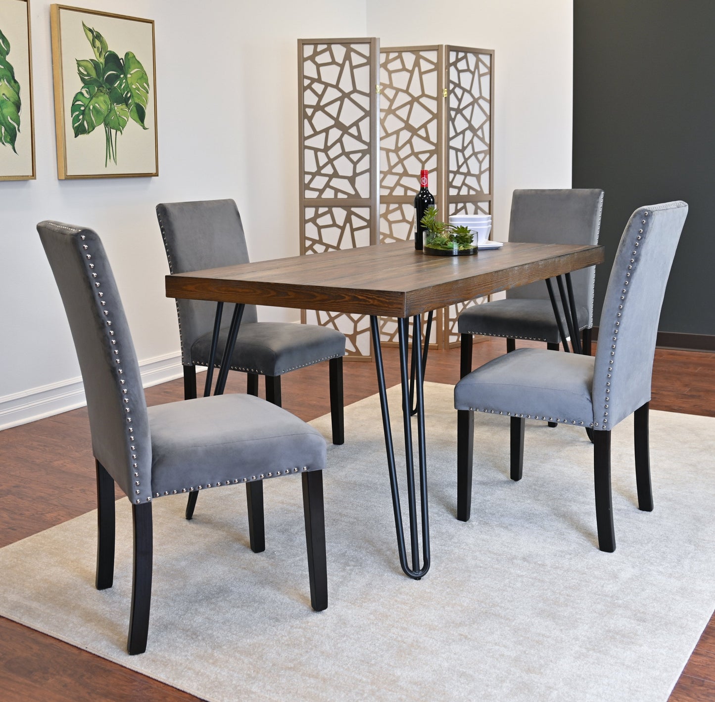 Roundhill Furniture Ashzo Dining Set, Hairpin Dining Table with 4 Chairs, Blue, 5-Piece