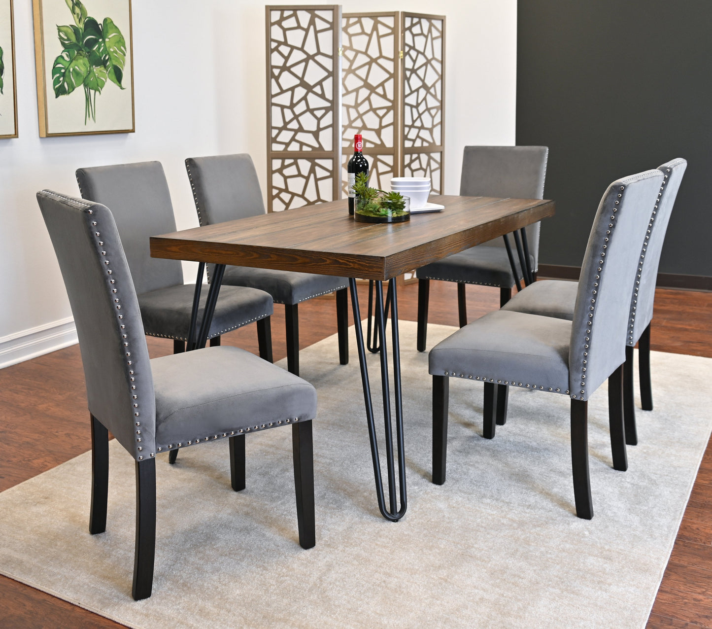 Roundhill Furniture Ashzo Dining Set, Hairpin Dining Table with 6 Chairs, 7-Piece