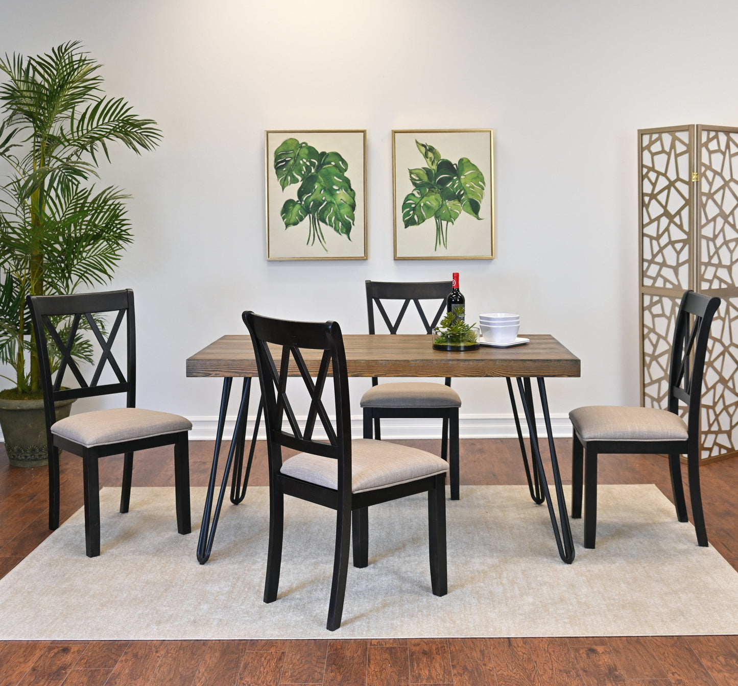 Roundhill Furniture Arroyo Dining Set, Hairpin Dining Table with 4 Cross-back Chairs, Rich Black, 5-Piece